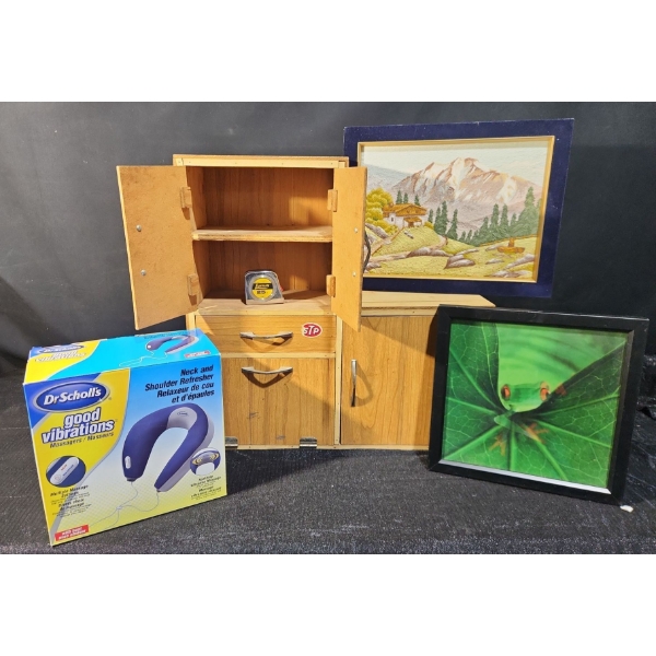 Relax and Enjoy! Fun Wall Art, LIKE-NEW Dr.Scholl's Neck Massager and Mini Creative Cabinet
