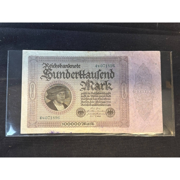 1923 German 100,000 Mark Banknote in Protective Sleeve