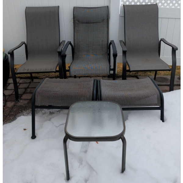 3 Patio Chairs 2 Foot Stools & 1 Side Table 35"Tall