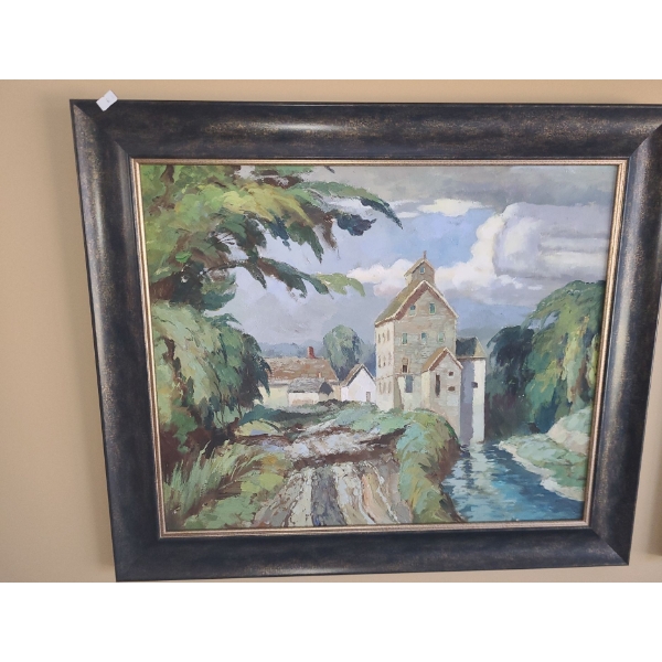 Framed Print of Mill by River 29 X 25, Paint on Canvas 