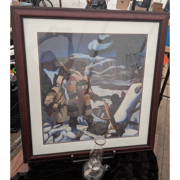 Framed Charles Comfort Print Return to Toboggan with Certificate of Authenticity and Glass Oil Lamp
