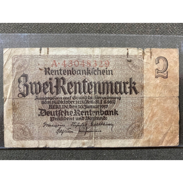 1923 Weimar Republic 2 Rentenmark Note with Watermark