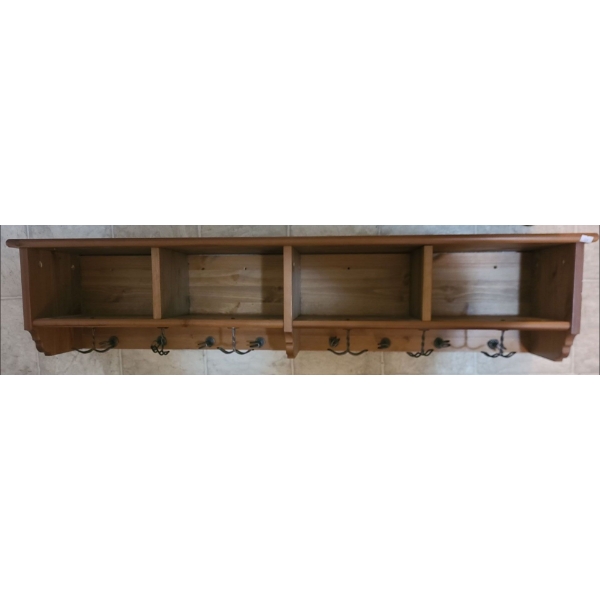 Wooden Wall Shelf w/ Cubbies and Hooks 47 W, 9 D, 10.5 T 