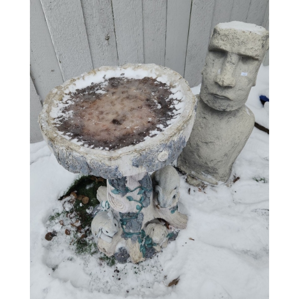 Resin Birdbath with Rabbit Motif 29 T and Easter Island Resin Moai Statue 32 T (Small Chip at Base)