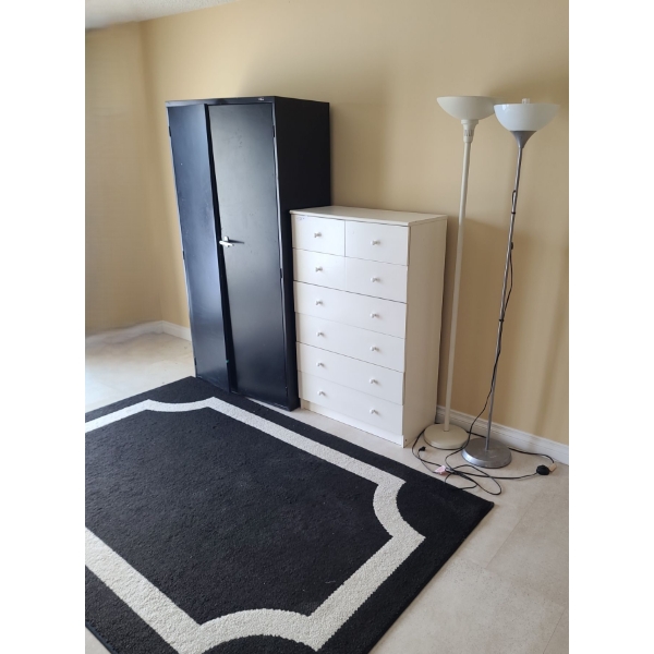 White MDF 8 Drawer Dresser 32 w, 50 h, 15 d, Black 5 Shelf Cabinet 36 w, 72 h, 18 d