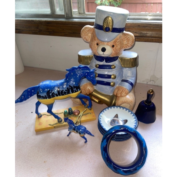 Bear Cookie Jar 13T w/ Horse Figurines Pussy Plates Ceramic Bell & More