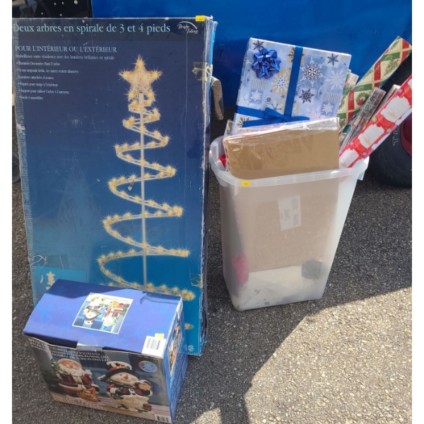 Outdoor 3 and 4 Foot Tall Lighted Decor, Santa and Snowman Porcelain Figurines, Wrapping Supplies