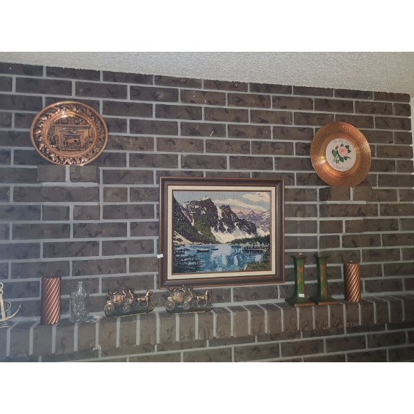 Decor: Embroidery Above Fireplace 20 X 17, Blue Brandy Glass 15 T, Drink Train 12 x 11 and More! 