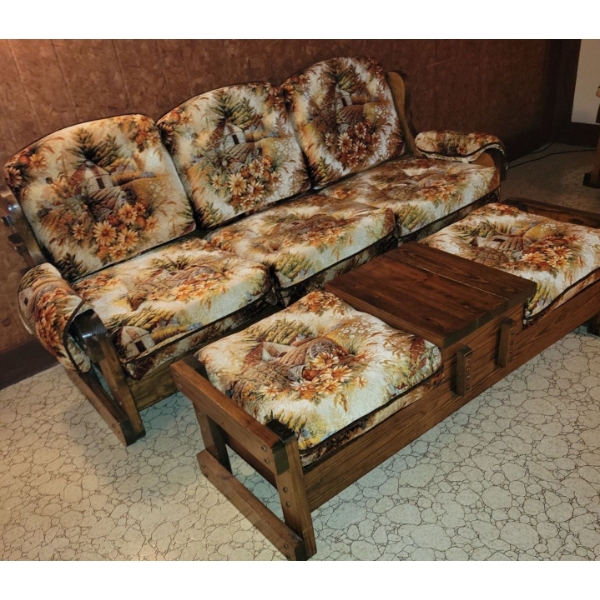 Mid Century Velvet Upholstered Sofa w/ Matching Ottoman/Bench - Solid Wood 77x34x36