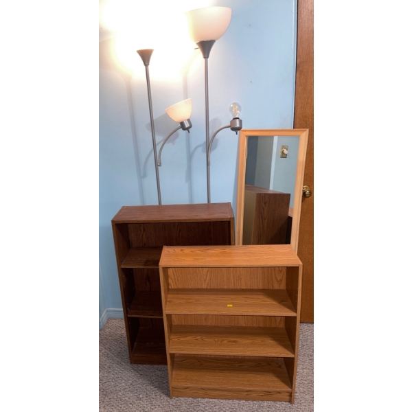Bundle of Household Goodies including Two Shelves, Two Standup Lamps & A Full Length Mirror 15"tall
