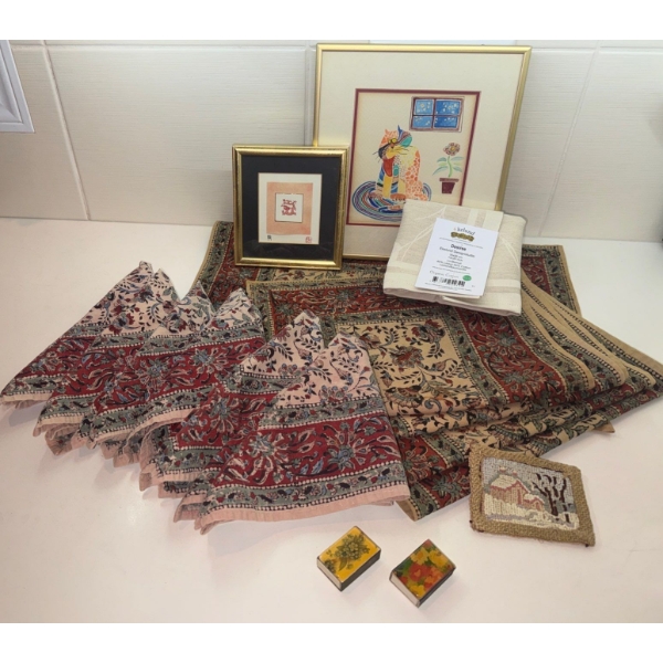 Floral Hand Block Print Table Linens w/ Chinese Folk Art Cut Paper Dragon & More