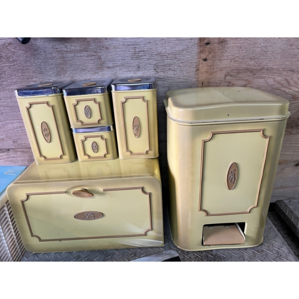 MCM Harvest Gold Metal Canister Set: Ekco Canada Flour, Sugar, Tea, Coffee, and garbage can