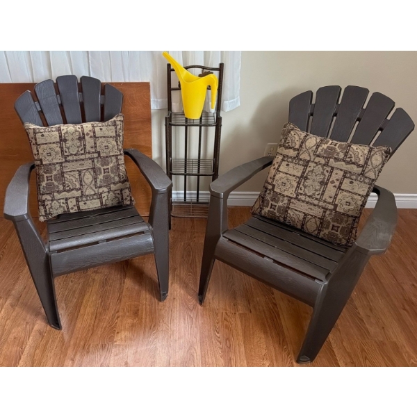 Brown Resin Muskoka Style Chairs 30 W, 35 D, 35 D and Rack 12 W, 10 D, 38 T 