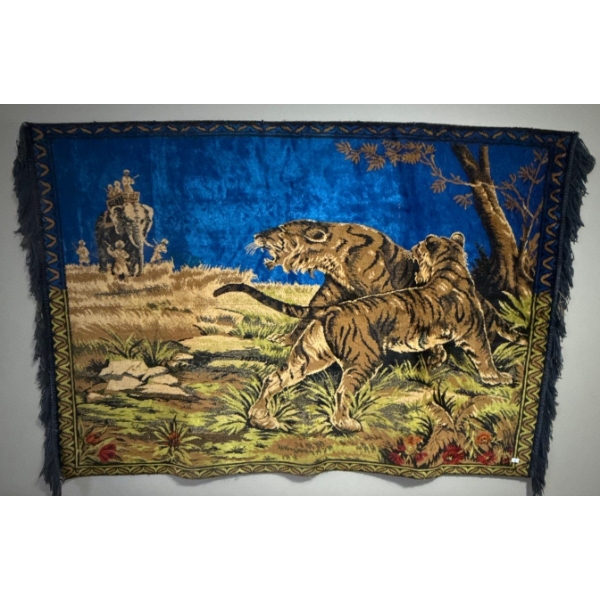 Mid Century Woven Tiger Tapestry 56x38 Art 