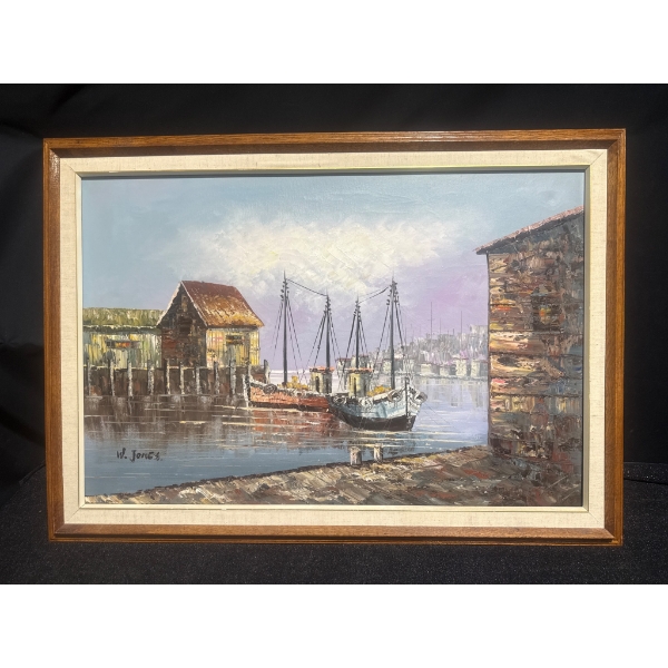 Framed Oil Painting Depicting a Harbor Scene, Signed W. Jones