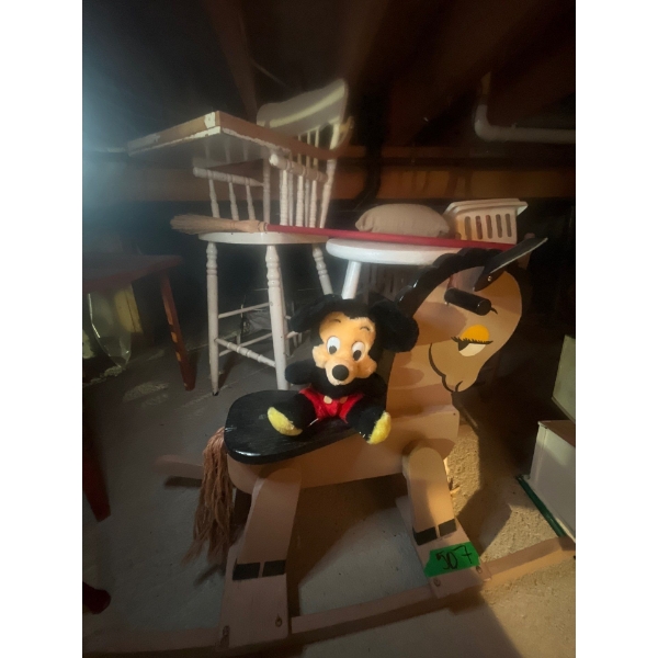  beautiful, handmade, rocking horse with highchair and stool and doll cradle and two strollers along