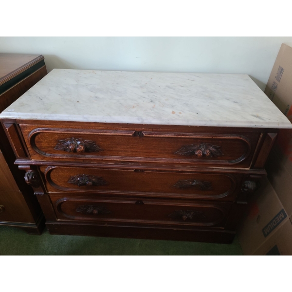 Solid Carved Wood Detail 3 Drawer Dresser with Marble Top 42 L, 31 T, 20 W