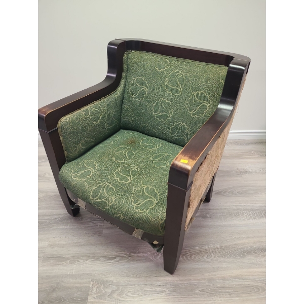 Antique wooden frame chair with green tapestry cover (needs reupholstering) - 28W, 34T, 22D 
