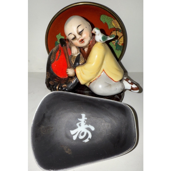 Vintage Oriental Drummer Boy Figurine 4T w/ Brass Decorative Plate & More