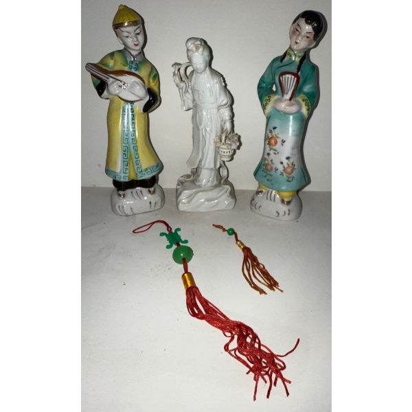 Vintage Asian Porcelain Figurines 8T w/ Stone Tasseled Chinese Zodiac Charms