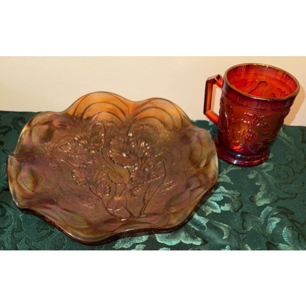 Pansy Low Ruffled Bowl Lavender Carnival Glass(Small Chip) & Red Imperial Mug