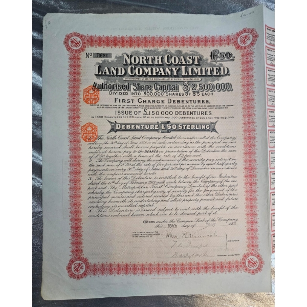 North Coast Land Company Limited First Charge Debenture dated May15,1912, issued in British Columbia