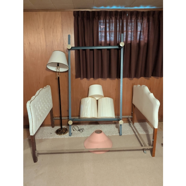 Upholstered Twin Bed Frame with Button-Tufted Headboard and Assorted Lamp Shades