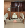 Image 1 : Upholstered Twin Bed Frame with Button-Tufted Headboard and Assorted Lamp Shades