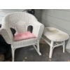 Image 1 : white wicker, rocking chair and small wicker white side table needs some love