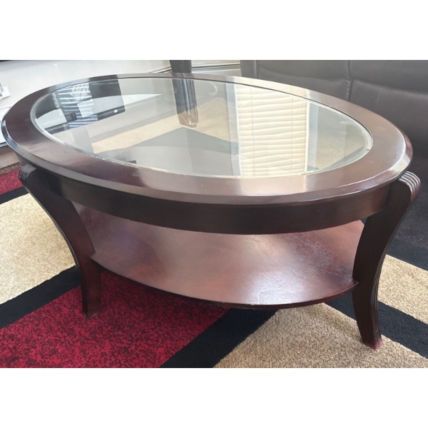 Dark Finish Oblong 2 Tiered Coffee Table 50x32x37 w/ Glass Insert & Geometric Print Area Rug 