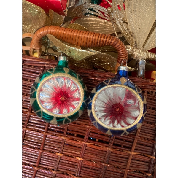 Vintage 1980s Glass  Holiday Decorations Including 1980s Ornaments, Linens, and Basket