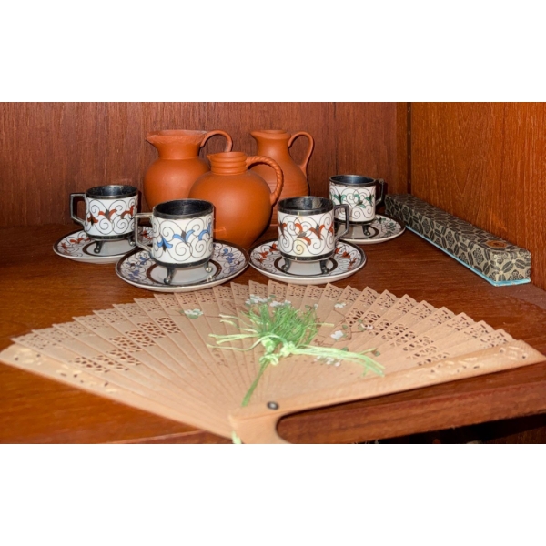 Vintage Style Turkish Coffee Set Unique Cups w/ Asian Folding Fan & More
