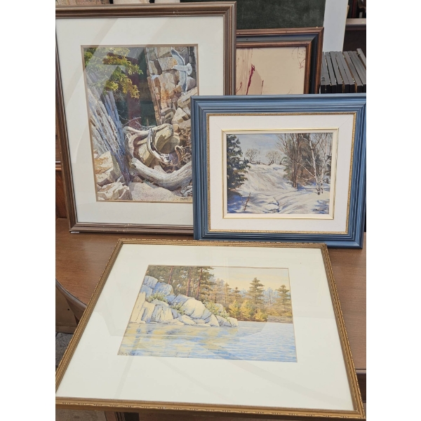 Three Framed Nature Watercolor Paintings in Varying Sizes