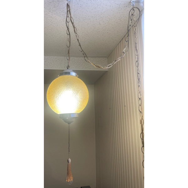 Mid Century Tasseled Swag Lamp - Spherical Amber Colored Light Solution 10T