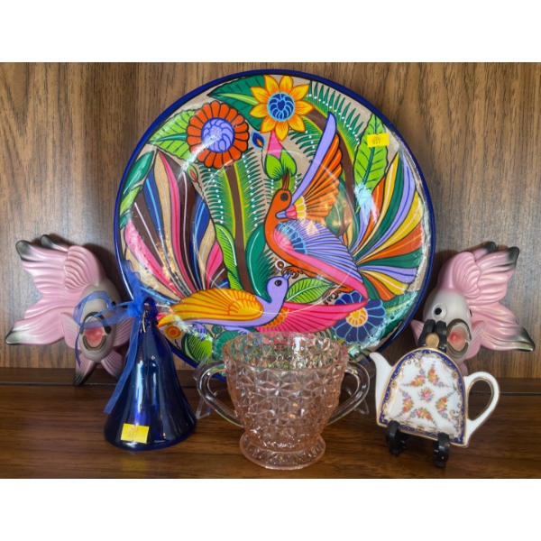 Colorful Peacock Mosaic Plate w/ Blue Bell Utensil Trivet Decorative Fish & More 