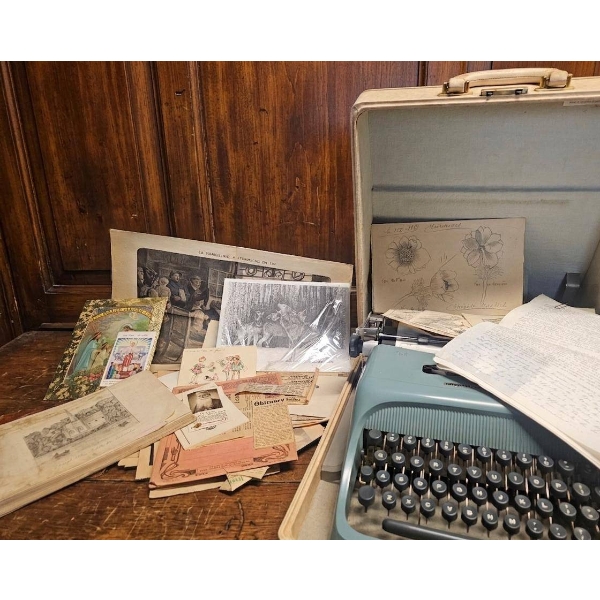 Vintage Portable Typewriter With Case and Collection of Decorative Ephemera