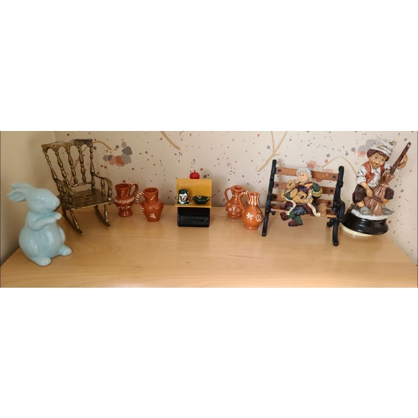Decor Collection Featuring Brass Rocking Chair,  Mini Vases, Grandma on Bench, Music Box of Boy 