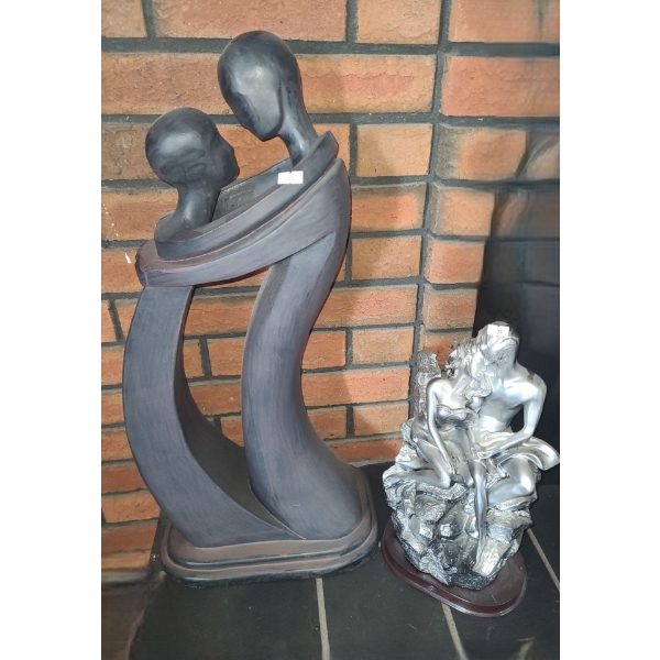 Carved Statue of Embracing Couple 11 W, 7 D,  25 T and Silver Painted Statue 13 T