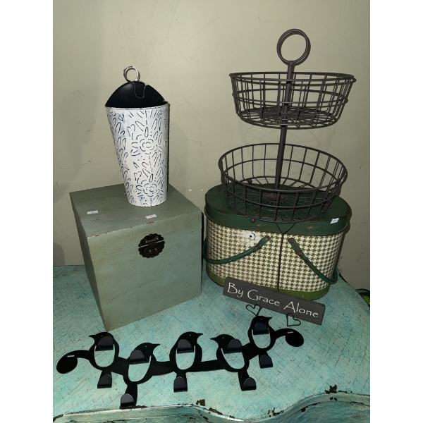 Lot: Metal Wall Cone, Two-Tier Basket, Wood Box, Basket Tin, Bird Hooks