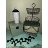 Image 1 : Lot: Metal Wall Cone, Two-Tier Basket, Wood Box, Basket Tin, Bird Hooks