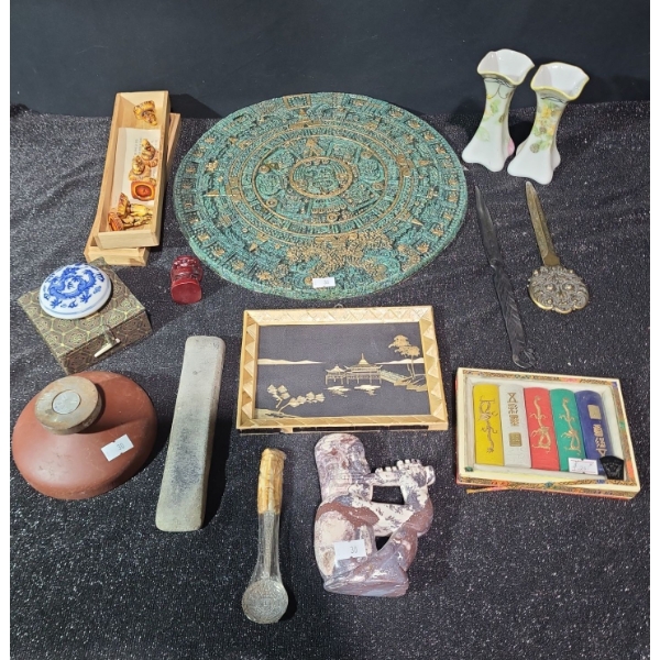 Green/ Gold Plate 13" Diameter, Hand-Painted Vases 4.5 T, Asian Art 7 X 5, Carving 5 T and More!