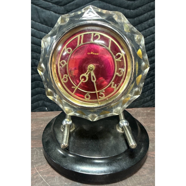 Moser Style Crystal and Metal Mantel Clock With Art Deco Design