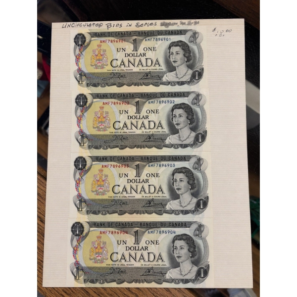  1973 Canadian 1$ uncirculated Bank Notes in sequential order 4 in total
