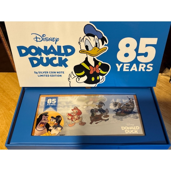 DONALD DUCK 85TH ANNIVERSARY – 2019 5 GRAMS $1 FINE SILVER BANK COIN NOTE – NIUE – NZ MINT