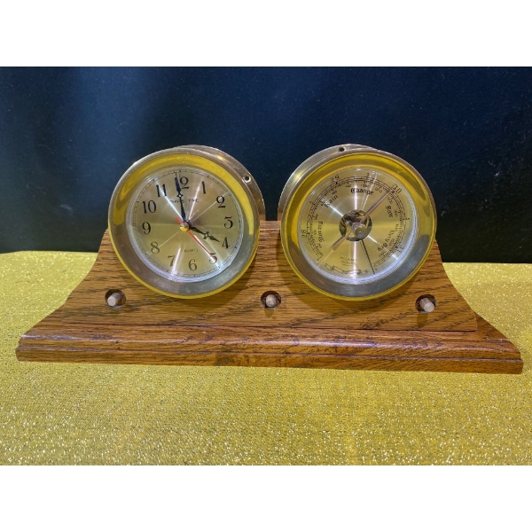 Wooden and Brass Aneroid Tabletop Barometer and Clock