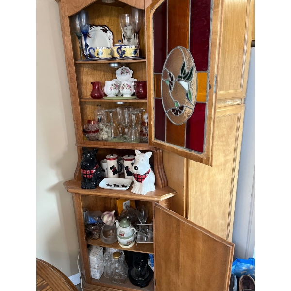 Solid Wood  corner cabinet, including all contents, lots of cool vintage items, including a Scottie 