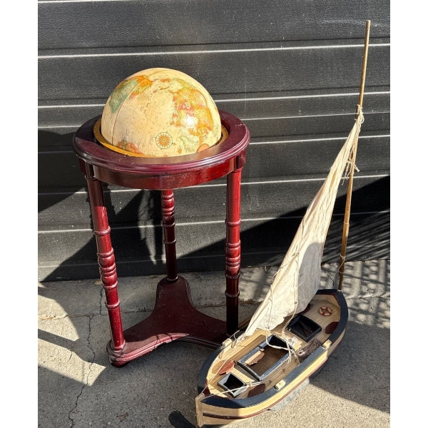 Mahogany 360 Floor Globe w/ Model Sailboat  25x38