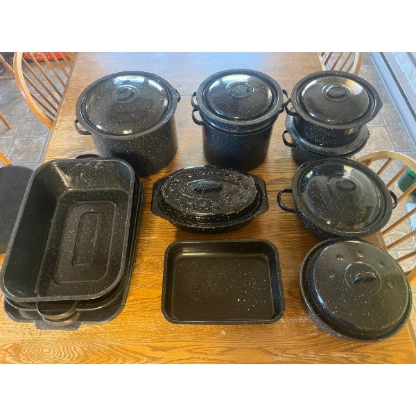Set of Vintage Black Speckled Enamelware. Pots, Roasters, Steamer Total of 12 Pieces  