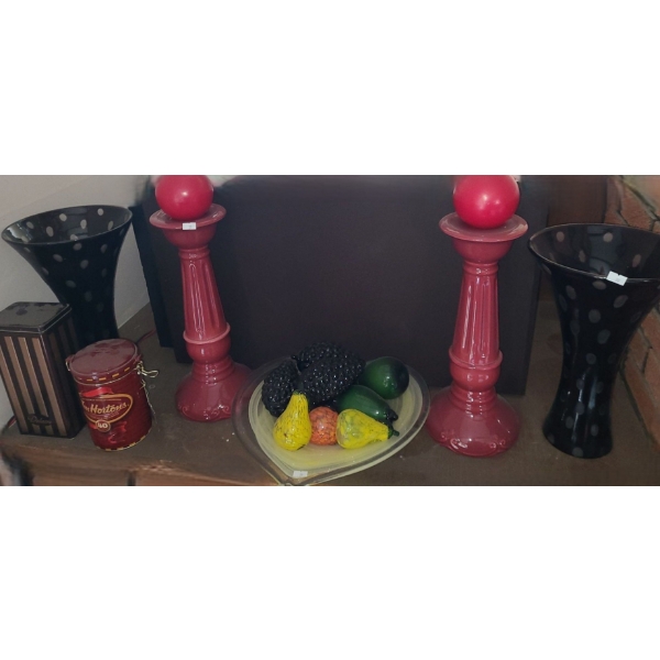 Assorted Decor Including: Polka Dot Vases 9" Diameter Top 14 T,  Red Candle Holders 16 T and More!