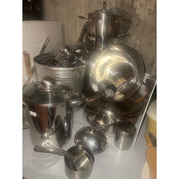 Beautiful Pots & Pans Very Large Some Small, Strainers Measuring Cups & More